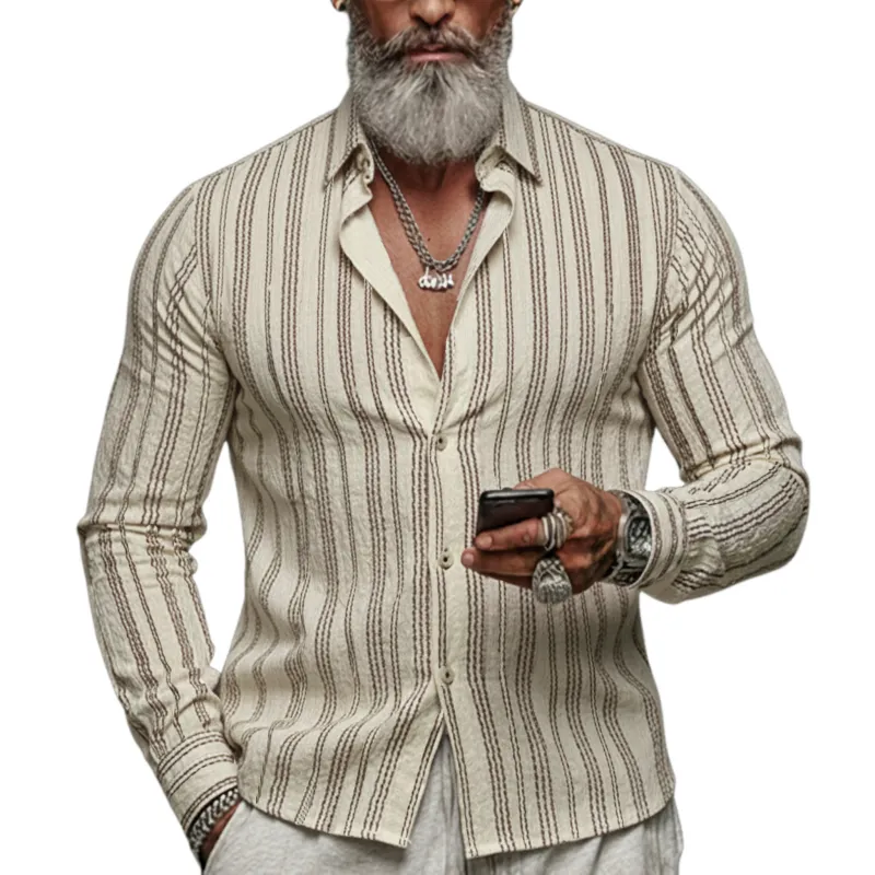 Men's Classic Casual Lapel Collar Vertical Stripe Cotton Blend Long-sleeved Shirt MTA1514L0K sold by Manly