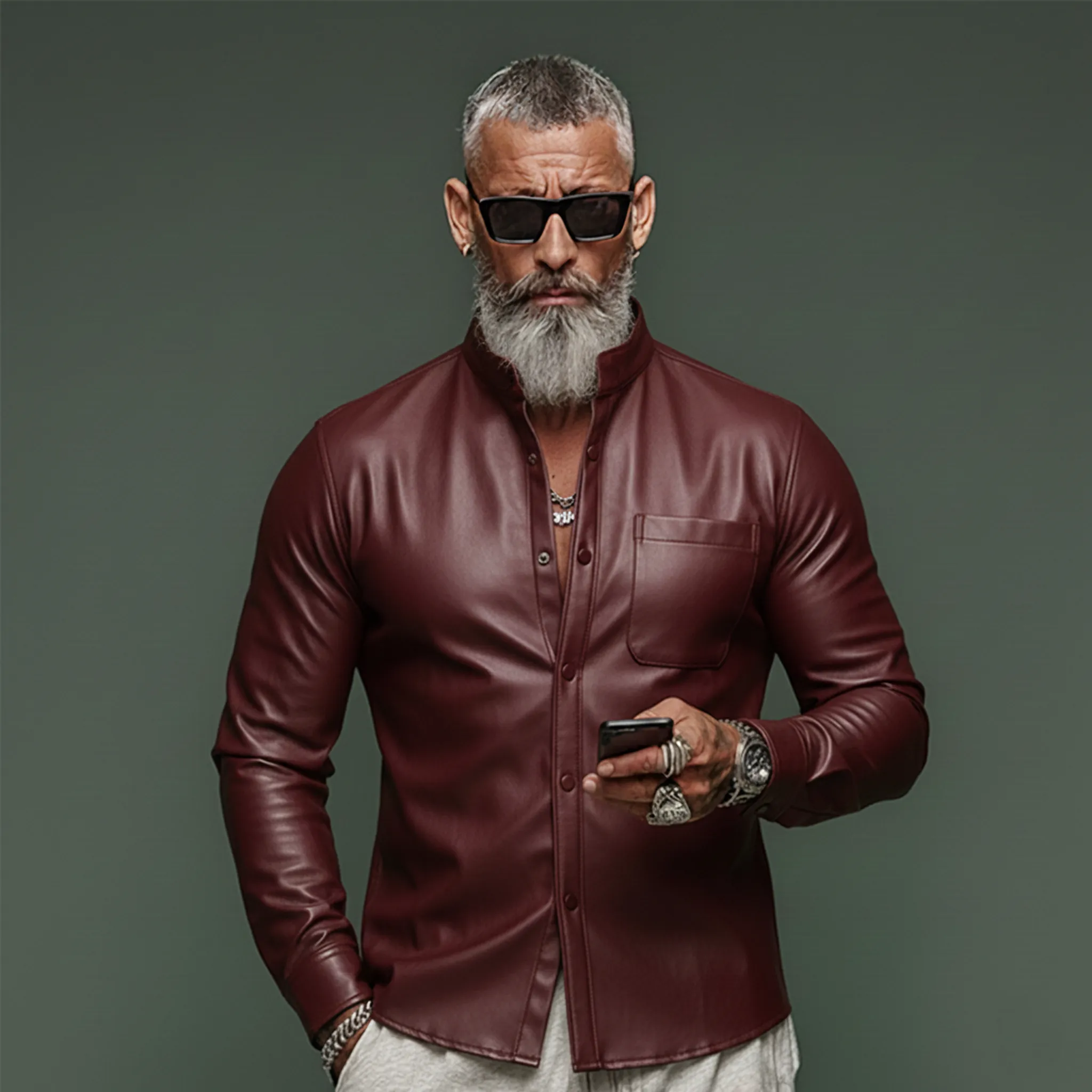 Men's Classic Vintage Slim-fit PU Leather Long-sleeved Shirt MTA1542L1K sold by Manly product image thumbnail 2