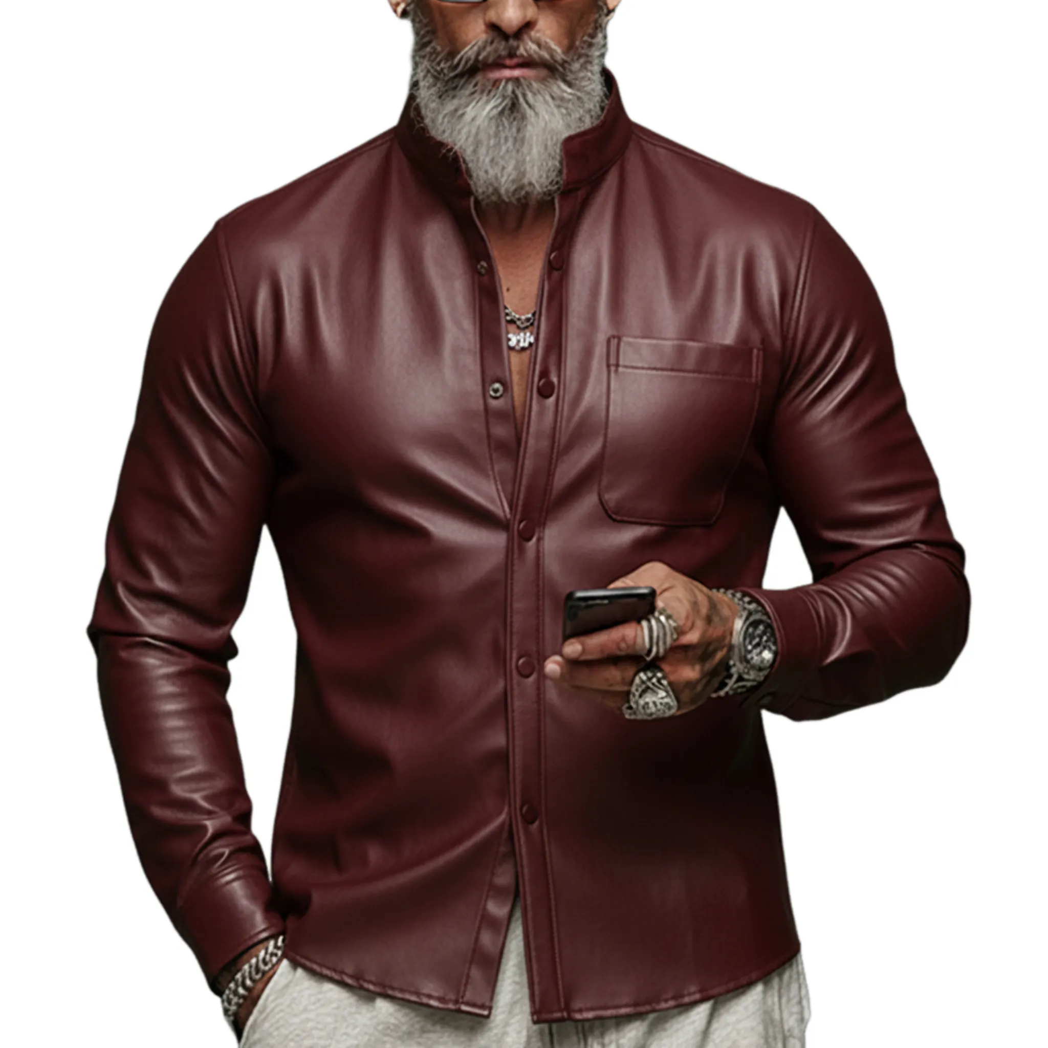 Men's Classic Vintage Slim-fit PU Leather Long-sleeved Shirt MTA1542L1K sold by Manly