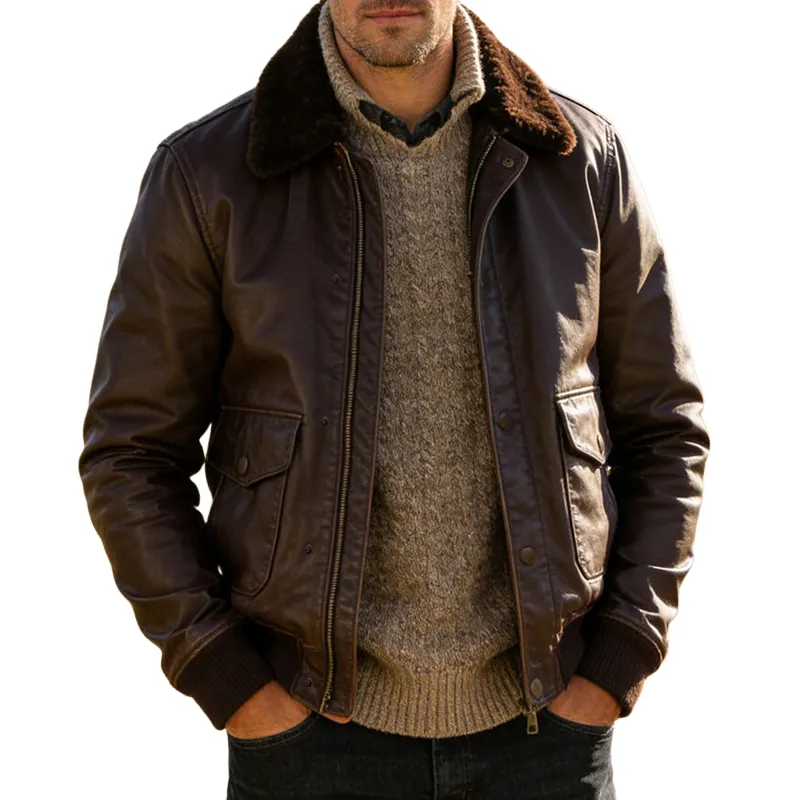 Men's Retro Casual PU Lapel Zipper Jacket MTA1242L9TO sold by Manly