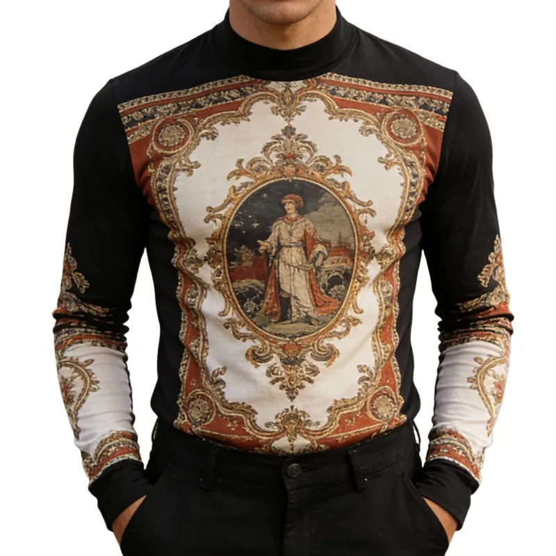 Men's Retro Casual Baroque Print Crew Neck Long Sleeve T-shirt MTA1247L1TO sold by Manly