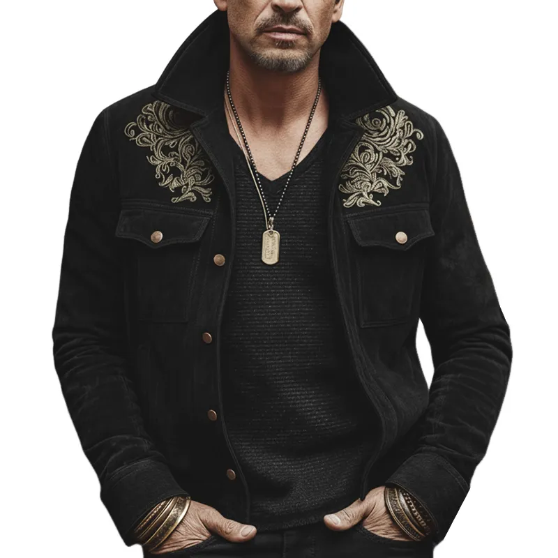 Men's Vintage Black Faux Suede Embroidered Button-up Jacket MTA1168L0U sold by Manly