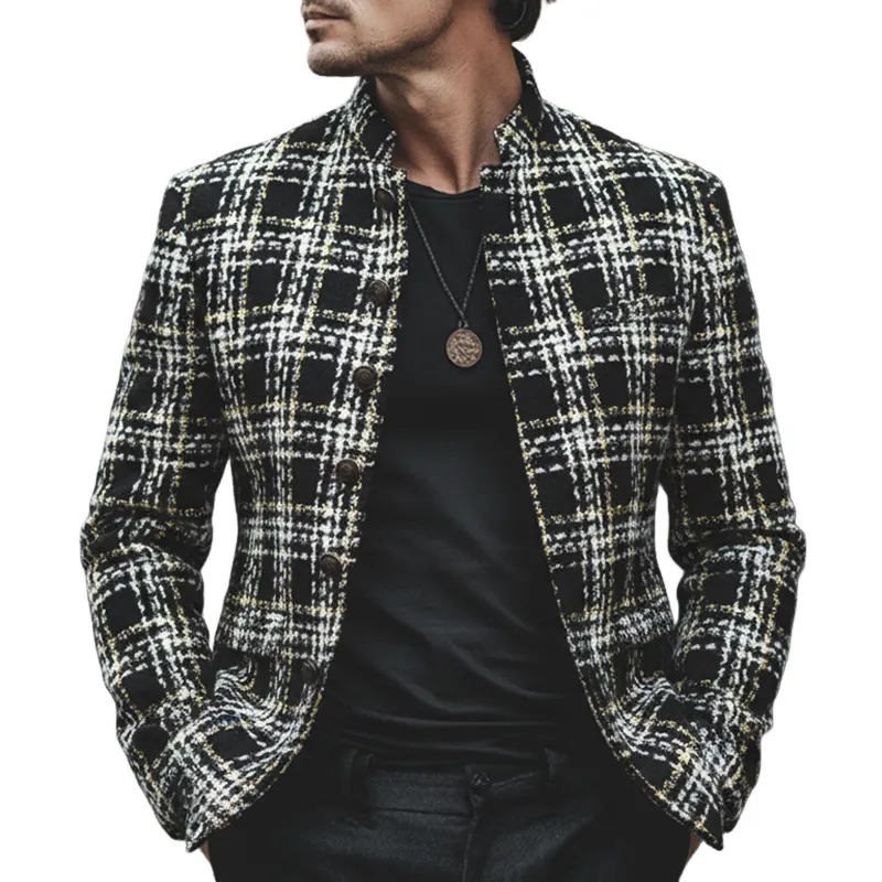 Men's Retro Elegant Tweed Plaid Stand Collar Jacket MTA1108L5U sold by Manly