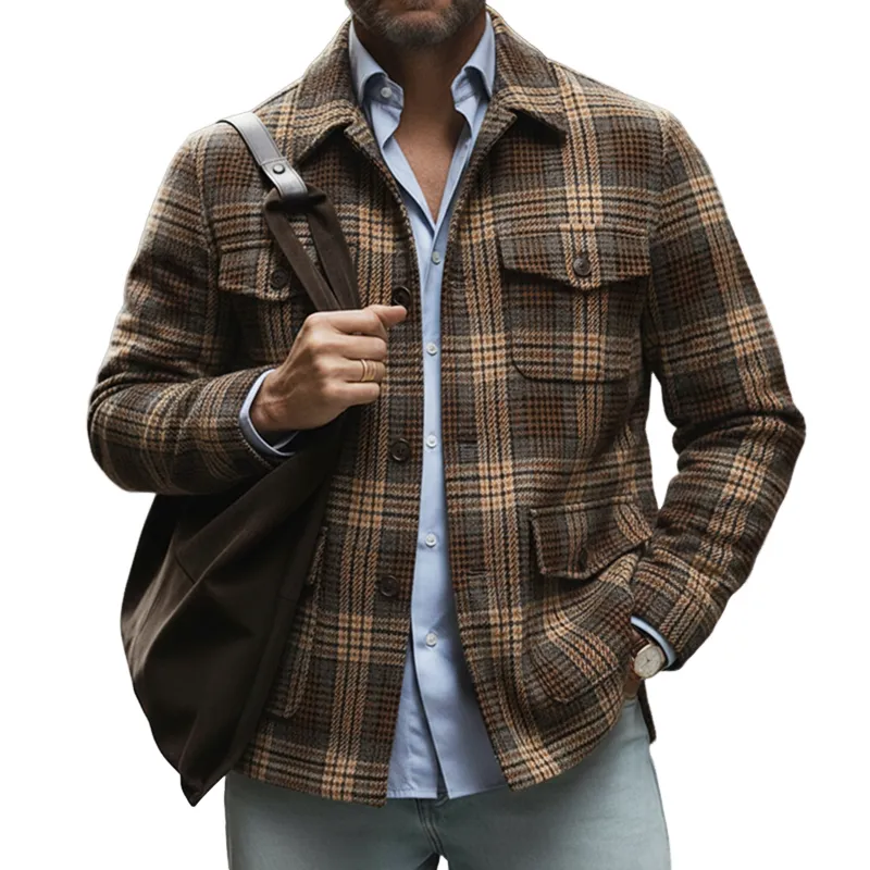 Men's Autumn/Winter Retro Business Plaid Brushed Faux Woolen Long-Sleeved Shirt MTA1177L9U sold by Manly