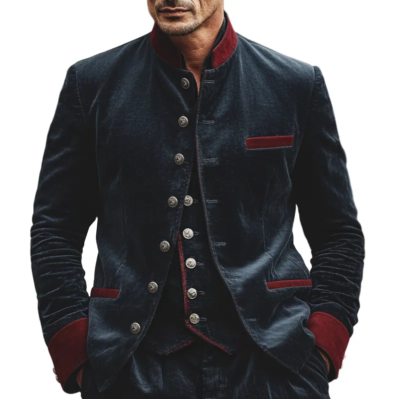 Men's Retro Stand Collar Velvet Color Block Slim Fit Jacket MTA1283L0U sold by Manly