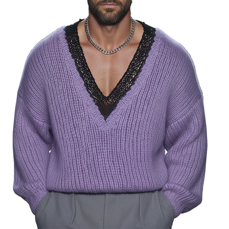 Men's Retro Cotton Yarn Knitted Lace V-Neck Sweater MTA1153L8P sold by Manly