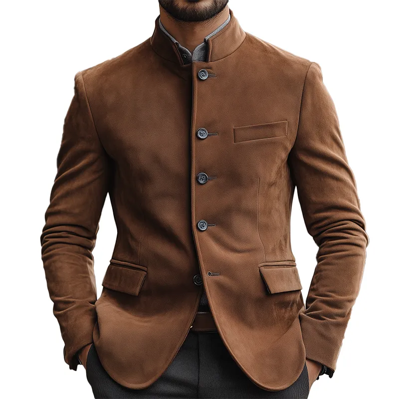 Men's Retro Faux Suede Stand Collar Button Jacket MTA1208L6P sold by Manly