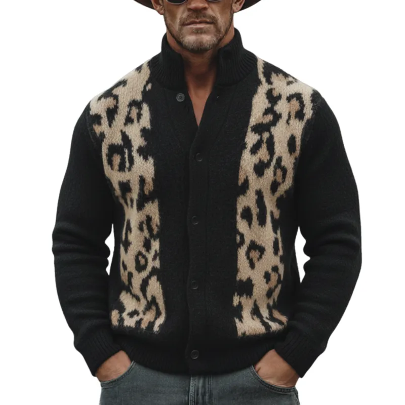 Men's Classic Vintage Stand-collar Leopard Print Knitted Cardigan MTA1186L8K sold by Manly