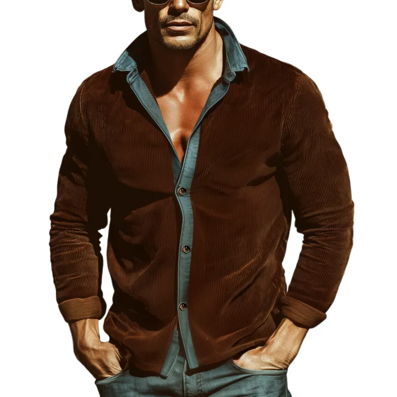 Men's Classic Vintage Denim And Corduroy Patchwork Long-sleeved Shirt MTA1105L3K sold by Manly