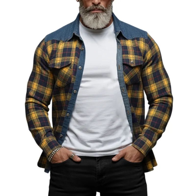 Men's Classic Casual Denim Patchwork Plaid Cotton Blend Long-sleeved Shirt MTA0961L1K sold by Manly