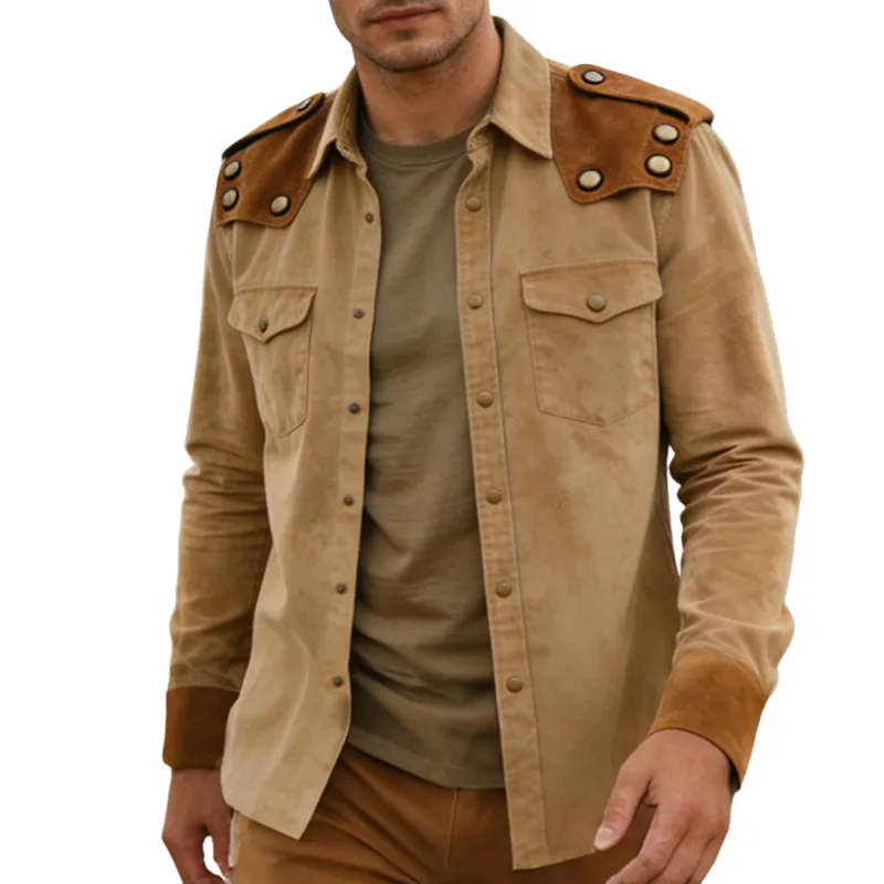Men's Retro Casual Faux Suede Button-Up Lapel Long-Sleeve Shirt MTA1192L8TO sold by Manly