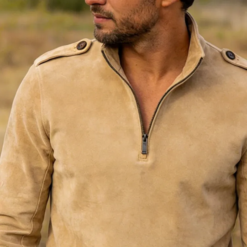 Men's Retro Casual Faux Suede Zipper Stand Collar Long-Sleeve T-Shirt MTA1138L9TO sold by Manly product image thumbnail 3