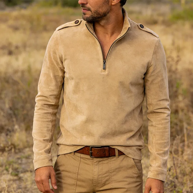 Men's Retro Casual Faux Suede Zipper Stand Collar Long-Sleeve T-Shirt MTA1138L9TO sold by Manly product image thumbnail 2