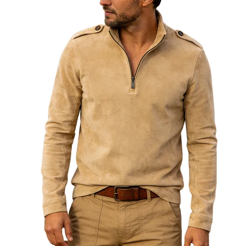 Men's Retro Casual Faux Suede Zipper Stand Collar Long-Sleeve T-Shirt MTA1138L9TO sold by Manly