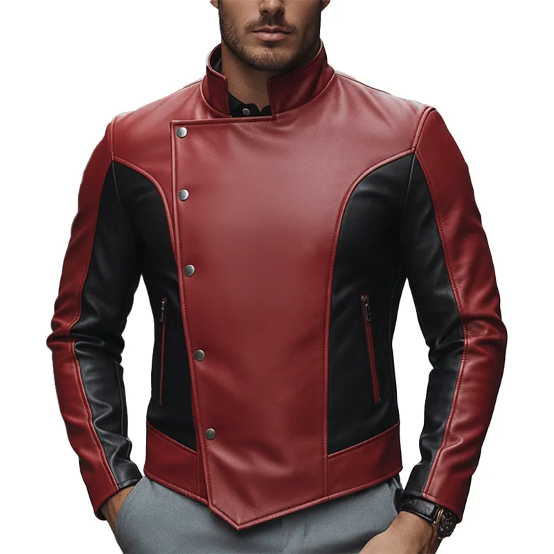 Men's Winter Retro Color Block PU Faux Leather Button Jacket MTA1045L2P sold by Manly