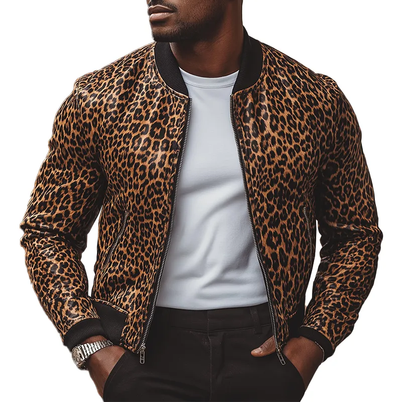 Men's Winter Retro Leopard Print Faux Leather Zip-Up Jacket MTA1053L7P sold by Manly