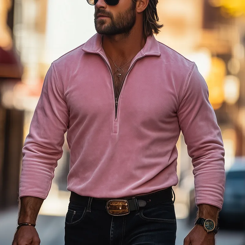 Men's Retro Minimalist Half-Zip Faux Suede T-Shirt MTA1180L7P sold by Manly product image thumbnail 2