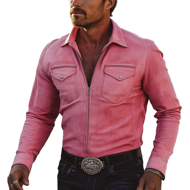 Men's Retro Minimalist Zippered Faux Suede Long-Sleeve Shirt MTA1147L3P sold by Manly