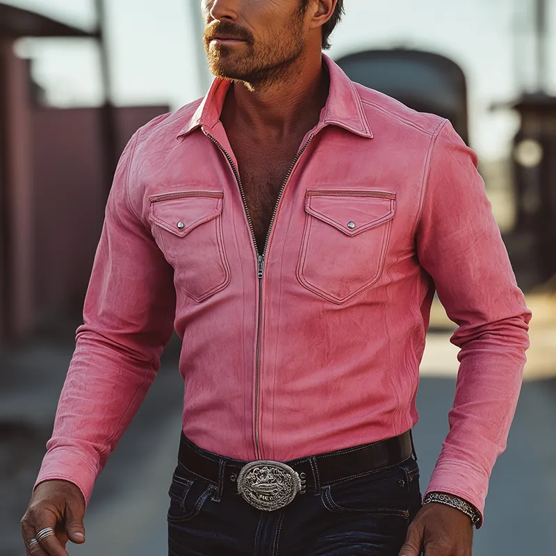 Men's Retro Minimalist Zippered Faux Suede Long-Sleeve Shirt MTA1147L3P sold by Manly product image thumbnail 2