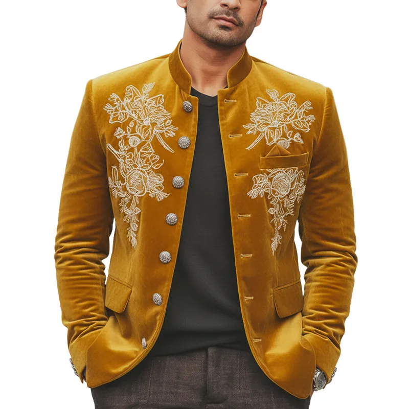 Men's Luxury Gold Yellow Velvet Embroidered Stand-collar Slim-fit Jacket MTA1032L2U sold by Manly