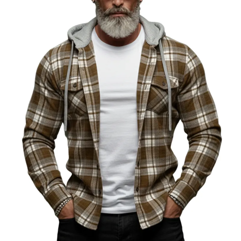 Men's Classic Casual Plaid Cotton Blend Hooded Long-sleeved Shirt MTA0973L2K sold by Manly