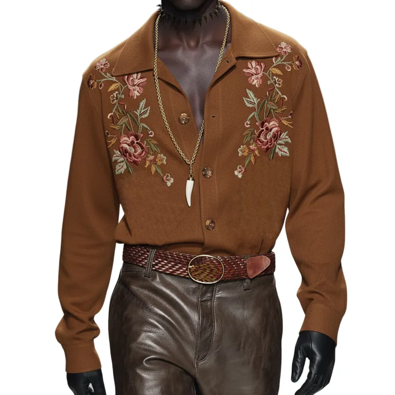 Men's Personalized And Stylish Embroidered Faux Suede Long-sleeved Shirt MTA0970L7K sold by Manly