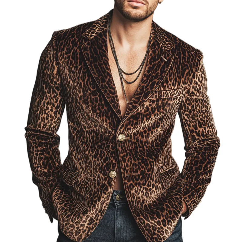Men's Urban Fashion Leopard Velvet Two-button Double-vented Blazer MTA0947L9U sold by Manly