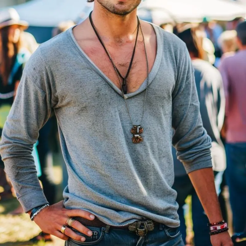 Men's Casual Cotton Blended Deep V Neck Long Sleeve T-Shirt 19117333M sold by Manly product image thumbnail 2