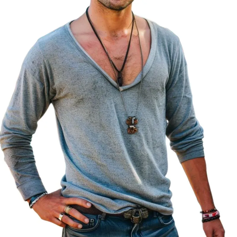 Men's Casual Cotton Blended Deep V Neck Long Sleeve T-Shirt 19117333M sold by Manly