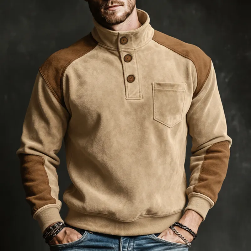 Men's Classic Three-button Stand-collar Color-block Faux Suede Sweatshirt MTA2915L2U sold by Manly product image thumbnail 4