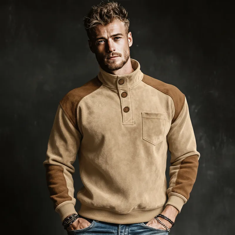 Men's Classic Three-button Stand-collar Color-block Faux Suede Sweatshirt MTA2915L2U sold by Manly product image thumbnail 2
