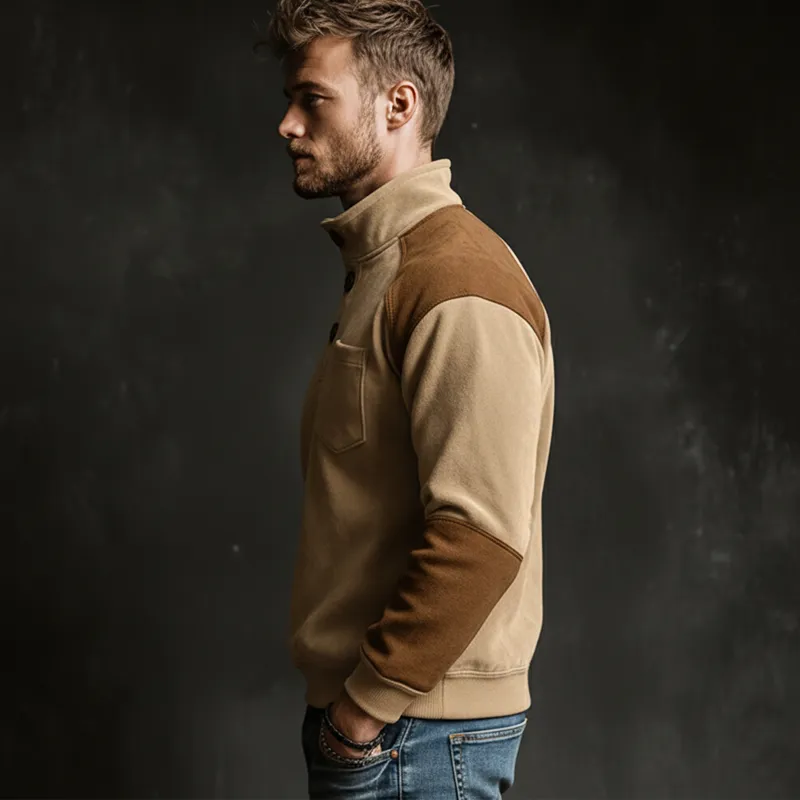 Men's Classic Three-button Stand-collar Color-block Faux Suede Sweatshirt MTA2915L2U sold by Manly product image thumbnail 3