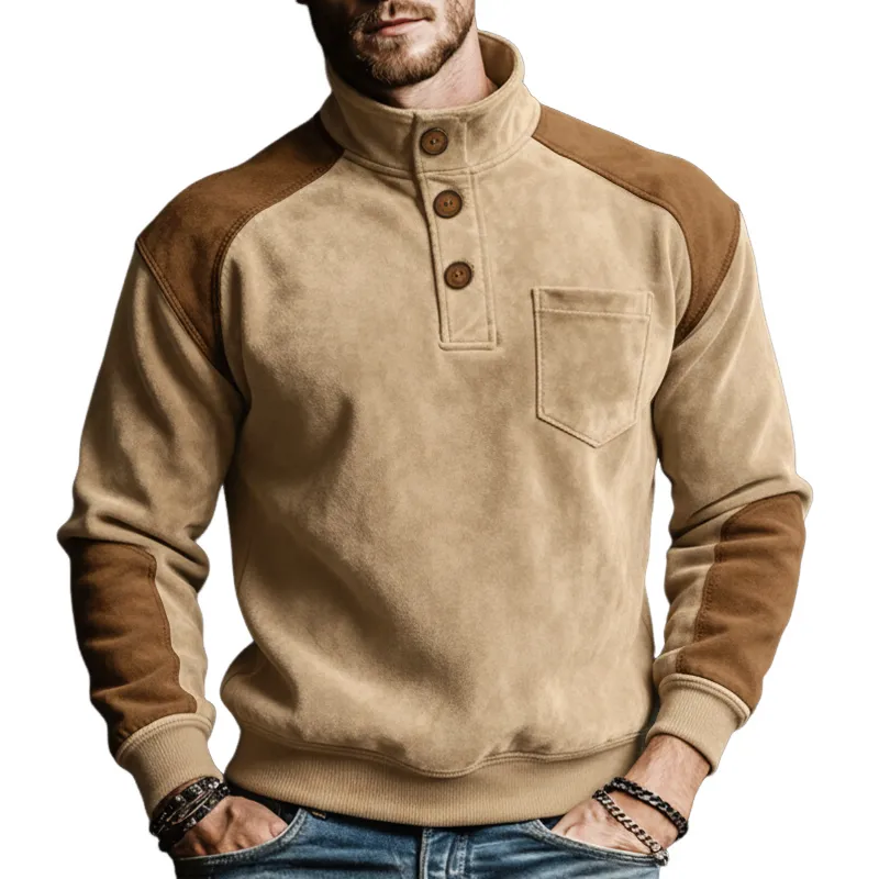 Men's Classic Three-button Stand-collar Color-block Faux Suede Sweatshirt MTA2915L2U made by Manly