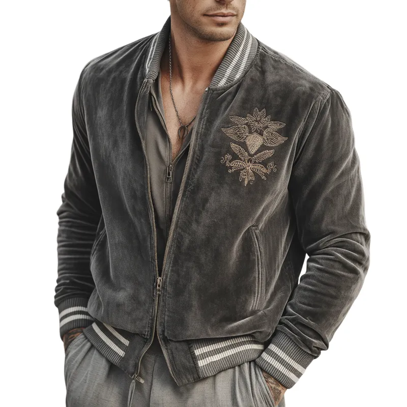 Men's Urban Classic Grey Velvet Embroidered Zip-Up Jacket MTA2932L2U made by Manly