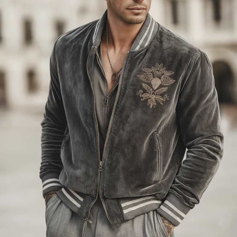 Men's Urban Classic Grey Velvet Embroidered Zip-Up Jacket MTA2932L2U sold by Manly product image thumbnail 2