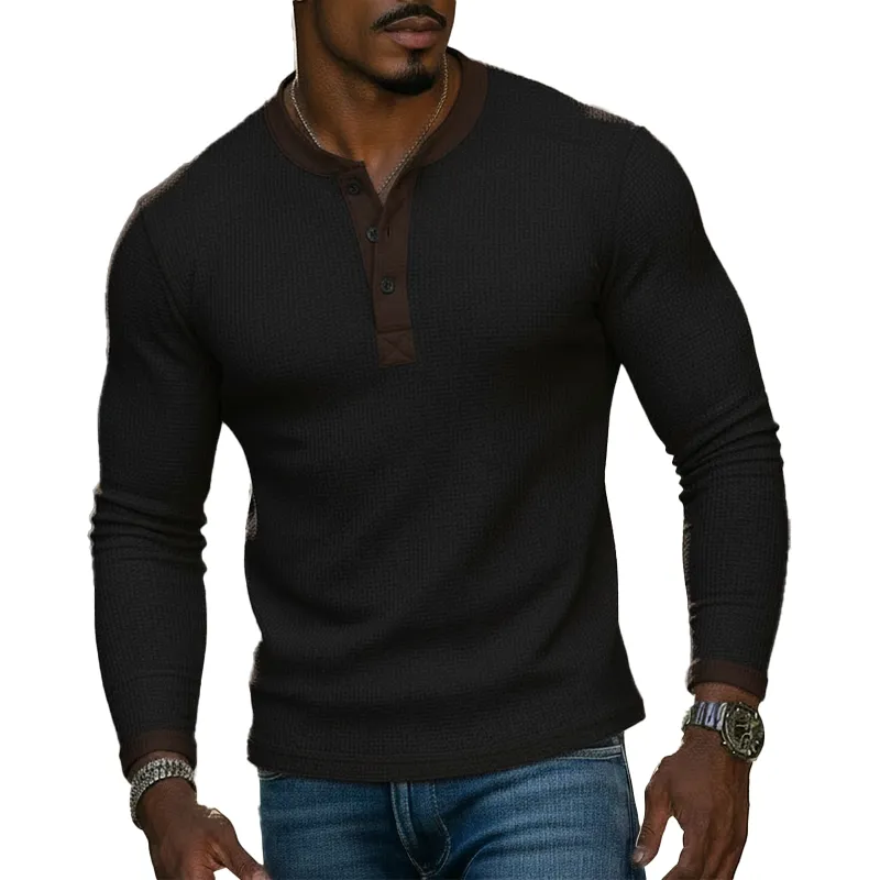 Men's Vintage-style Color-block Waffle-knit Long-sleeved Henley Shirt MTA2605L3P sold by Manly
