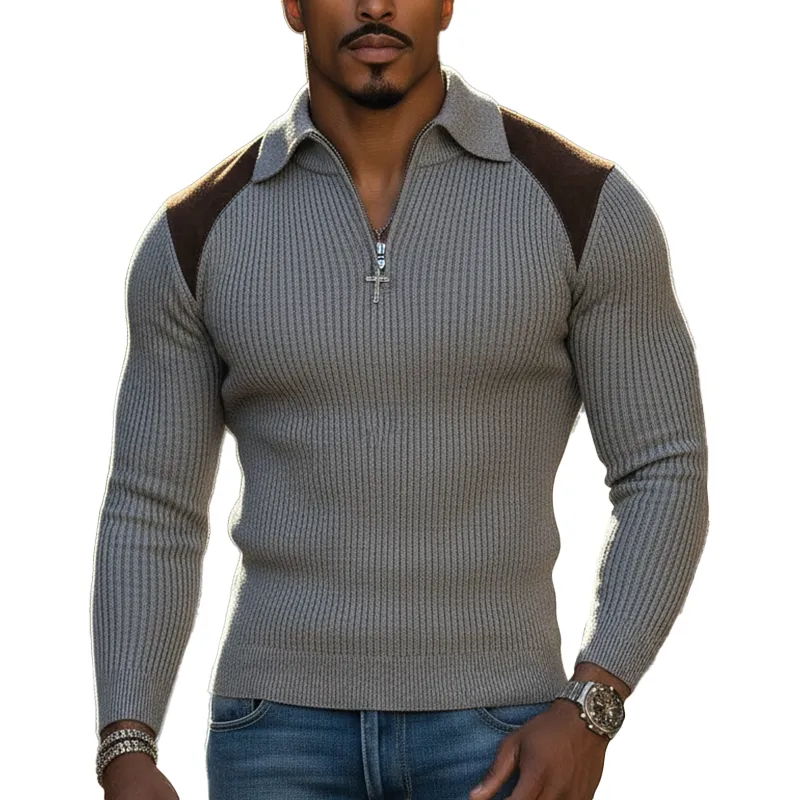Men's Vintage-style Faux Suede And Cotton Knit Slim-fit Half-zip Sweater MTA2941L9P sold by Manly