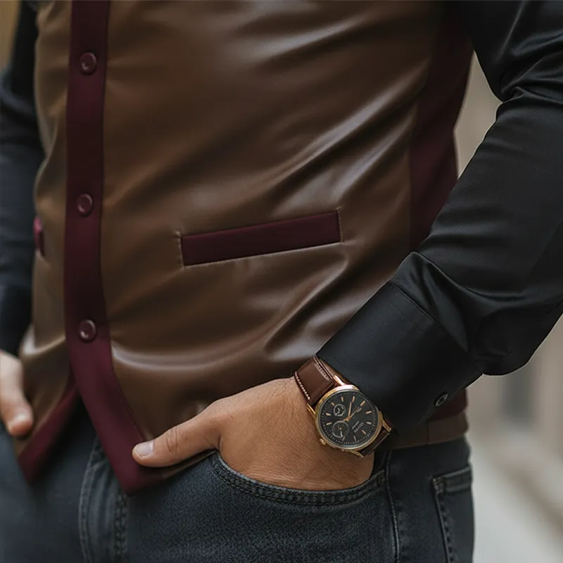 Men's Vintage-style Color-block PU Faux Leather Button-up Sleeveless Vest MTA2598L4P sold by Manly product image thumbnail 4