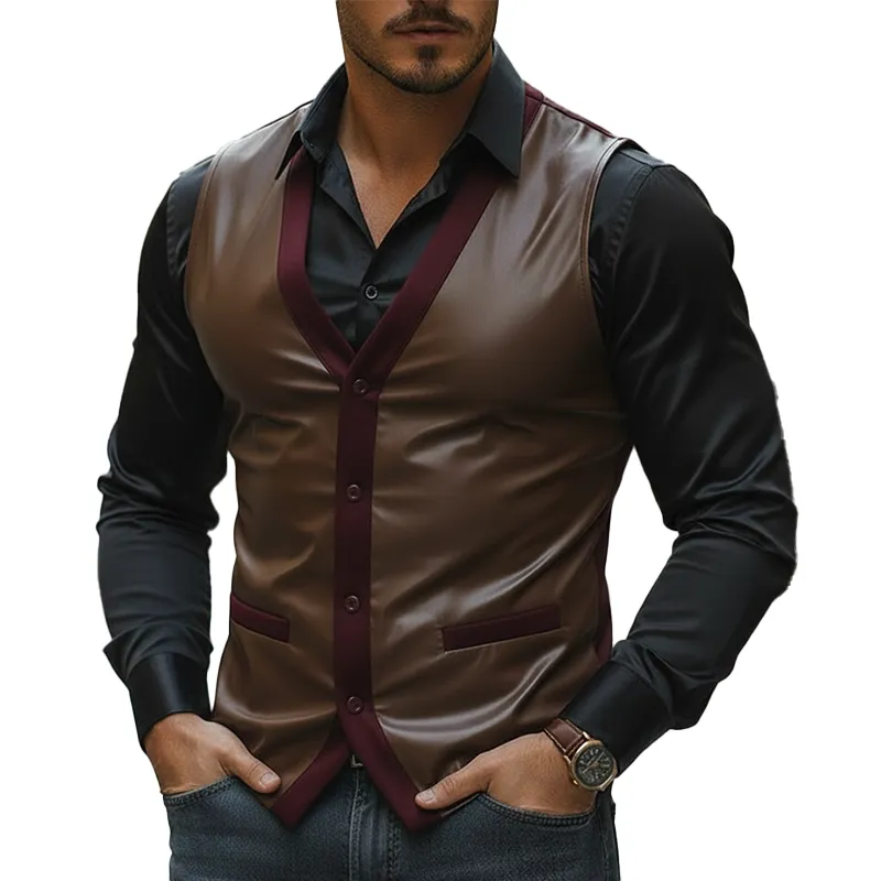 Men's Vintage-style Color-block PU Faux Leather Button-up Sleeveless Vest MTA2598L4P sold by Manly
