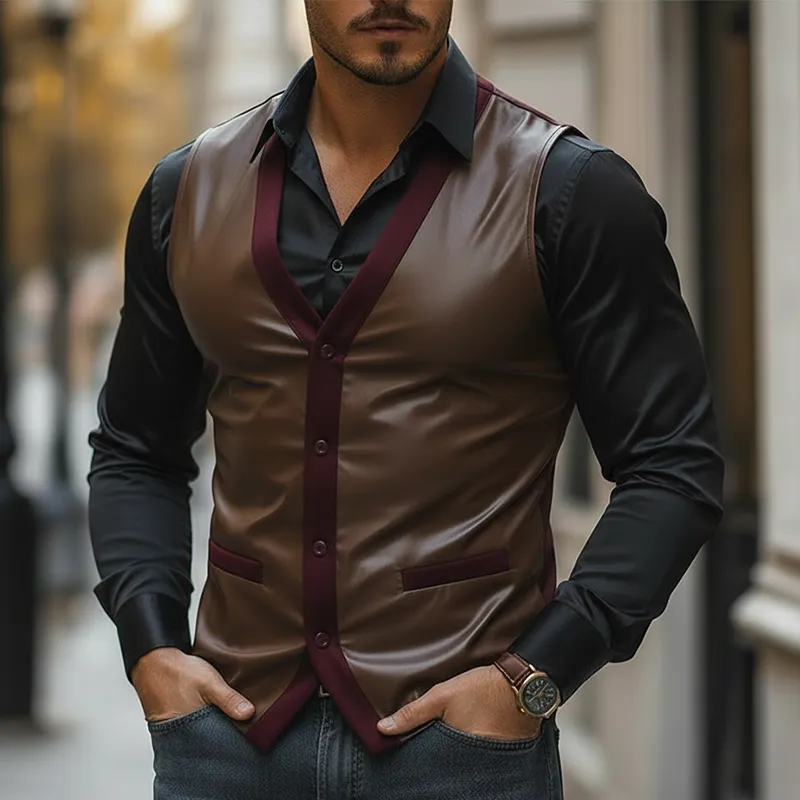 Men's Vintage-style Color-block PU Faux Leather Button-up Sleeveless Vest MTA2598L4P sold by Manly product image thumbnail 2