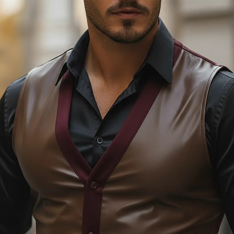 Men's Vintage-style Color-block PU Faux Leather Button-up Sleeveless Vest MTA2598L4P sold by Manly product image thumbnail 3