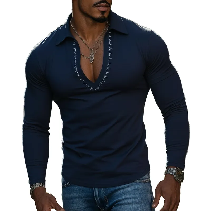 Men's Spring Simple Printed Cotton Blend V-neck Slim-fit T-shirt MTA2559L4P sold by Manly