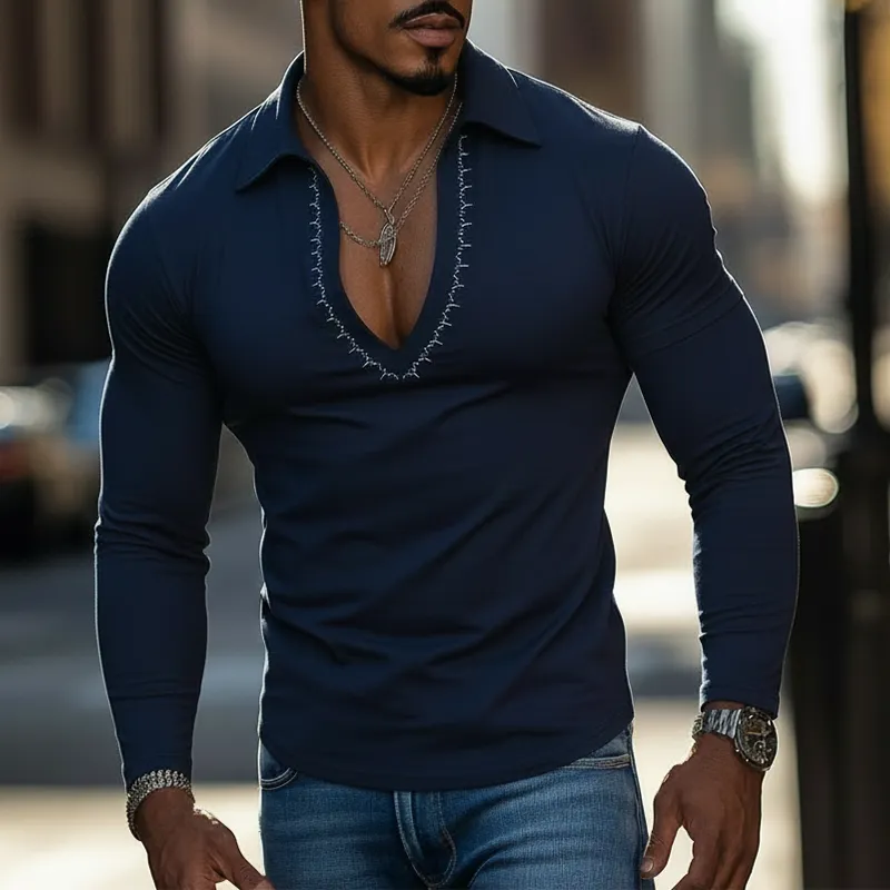 Men's Spring Simple Printed Cotton Blend V-neck Slim-fit T-shirt MTA2559L4P sold by Manly product image thumbnail 2