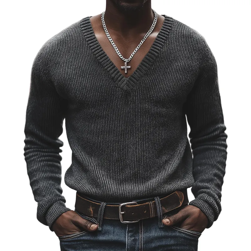 Men's Retro Casual Knitted V-Neck Sweater MTA2631L8TO sold by Manly