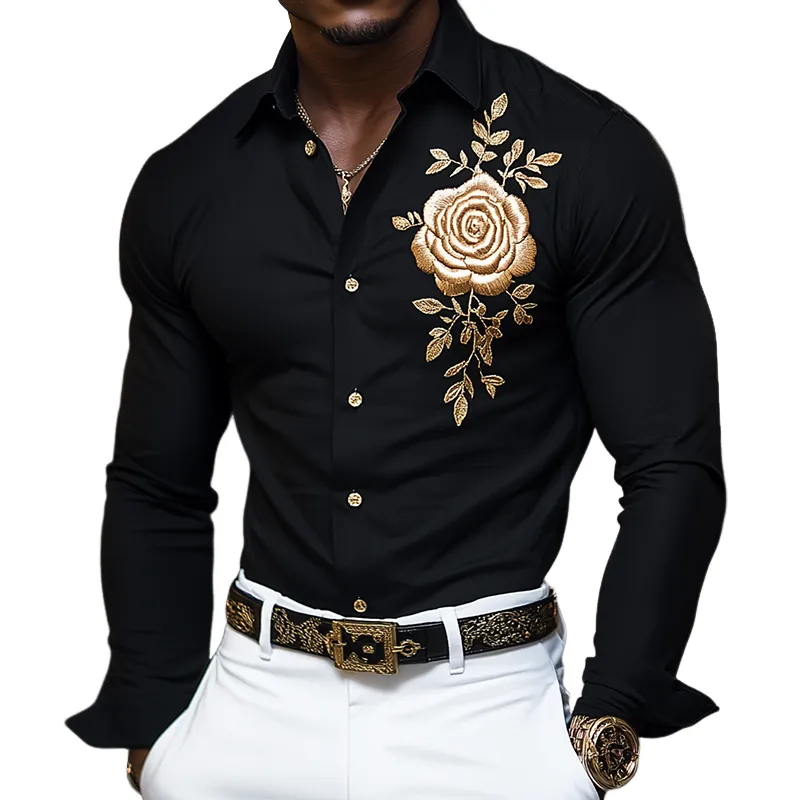 Men's Retro Casual Floral Embroidered Lapel Long-Sleeve Shirt  MTA2621L6TO sold by Manly