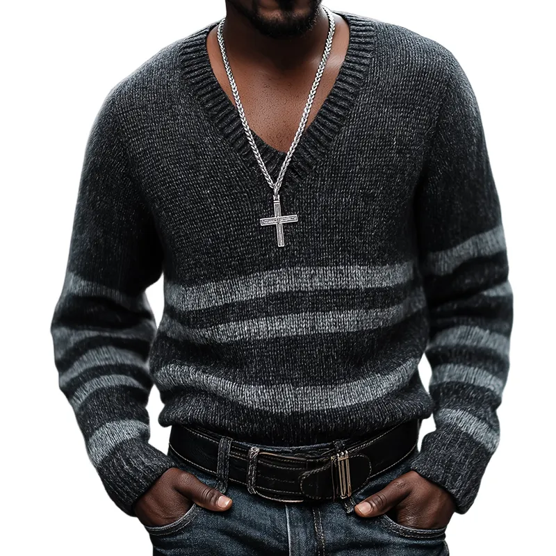 Men's Retro Casual Knit Striped V-Neck Sweater MTA2667L4TO sold by Manly
