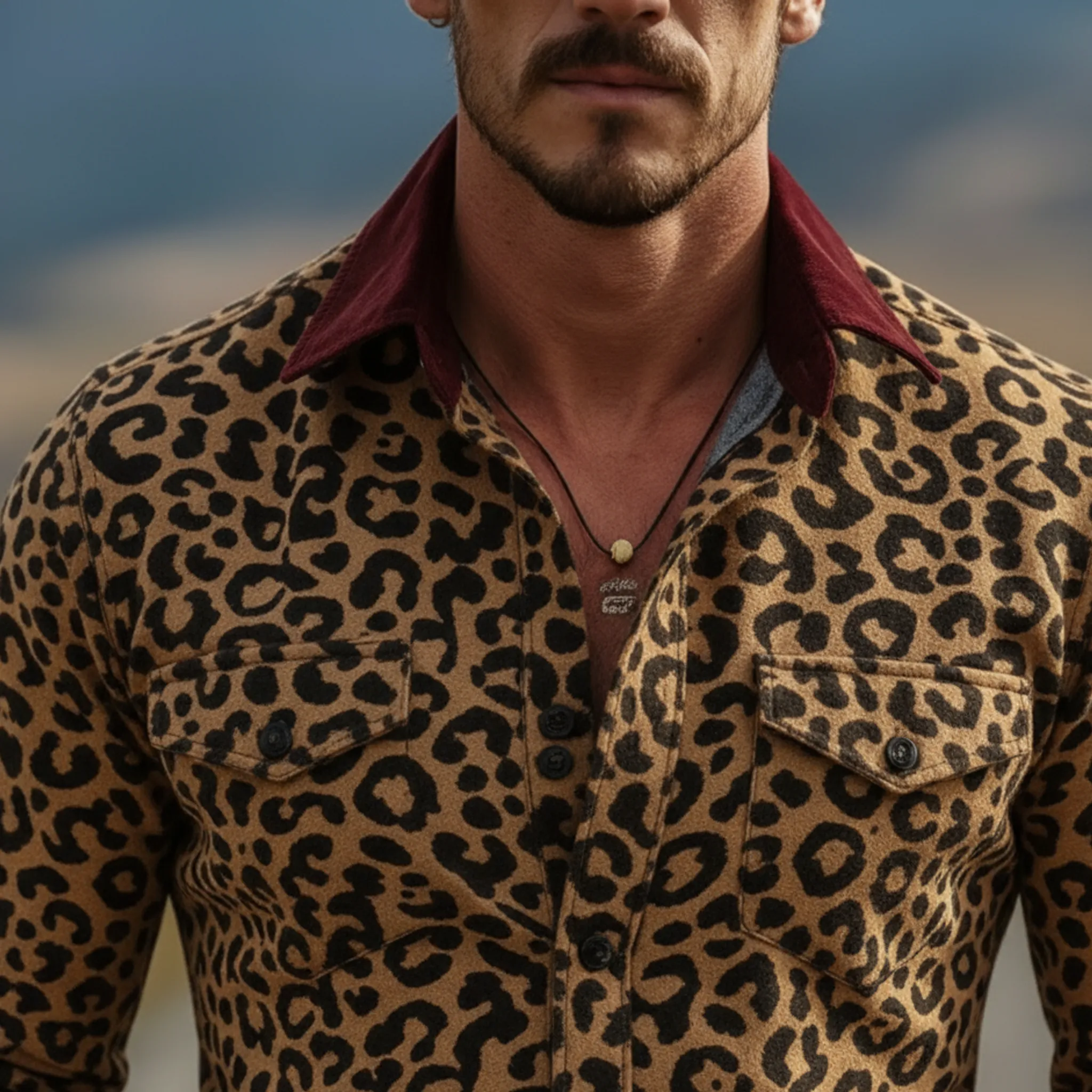 Men's Classic Vintage Velvet Collar Slim-fit Leopard Print Suede Long-sleeved Shirt MTA2657L0K sold by Manly product image thumbnail 4