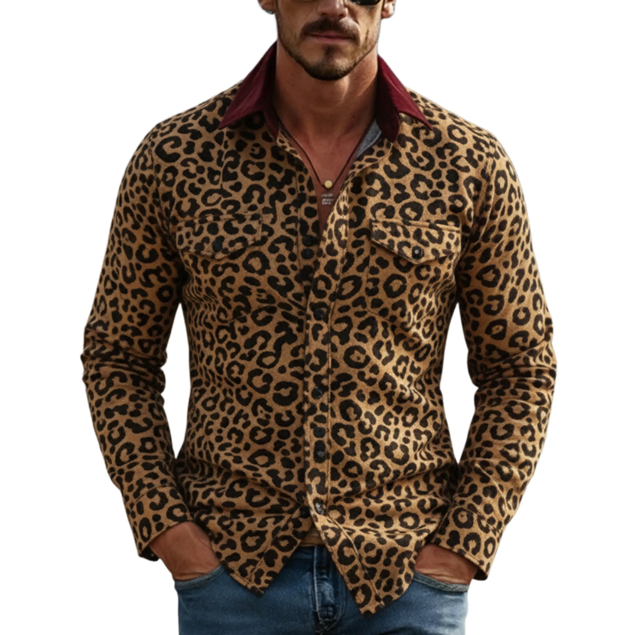 Men's Classic Vintage Velvet Collar Slim-fit Leopard Print Suede Long-sleeved Shirt MTA2657L0K sold by Manly