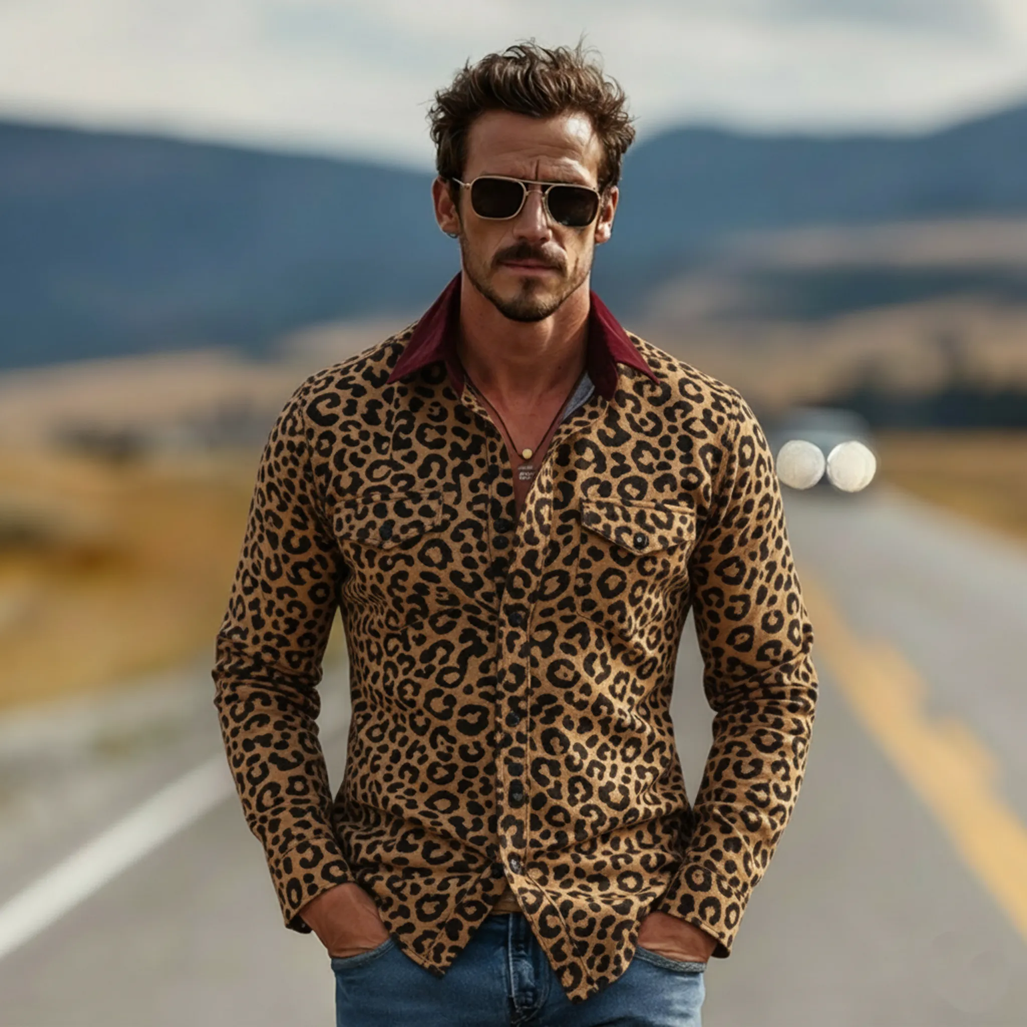 Men's Classic Vintage Velvet Collar Slim-fit Leopard Print Suede Long-sleeved Shirt MTA2657L0K sold by Manly product image thumbnail 2