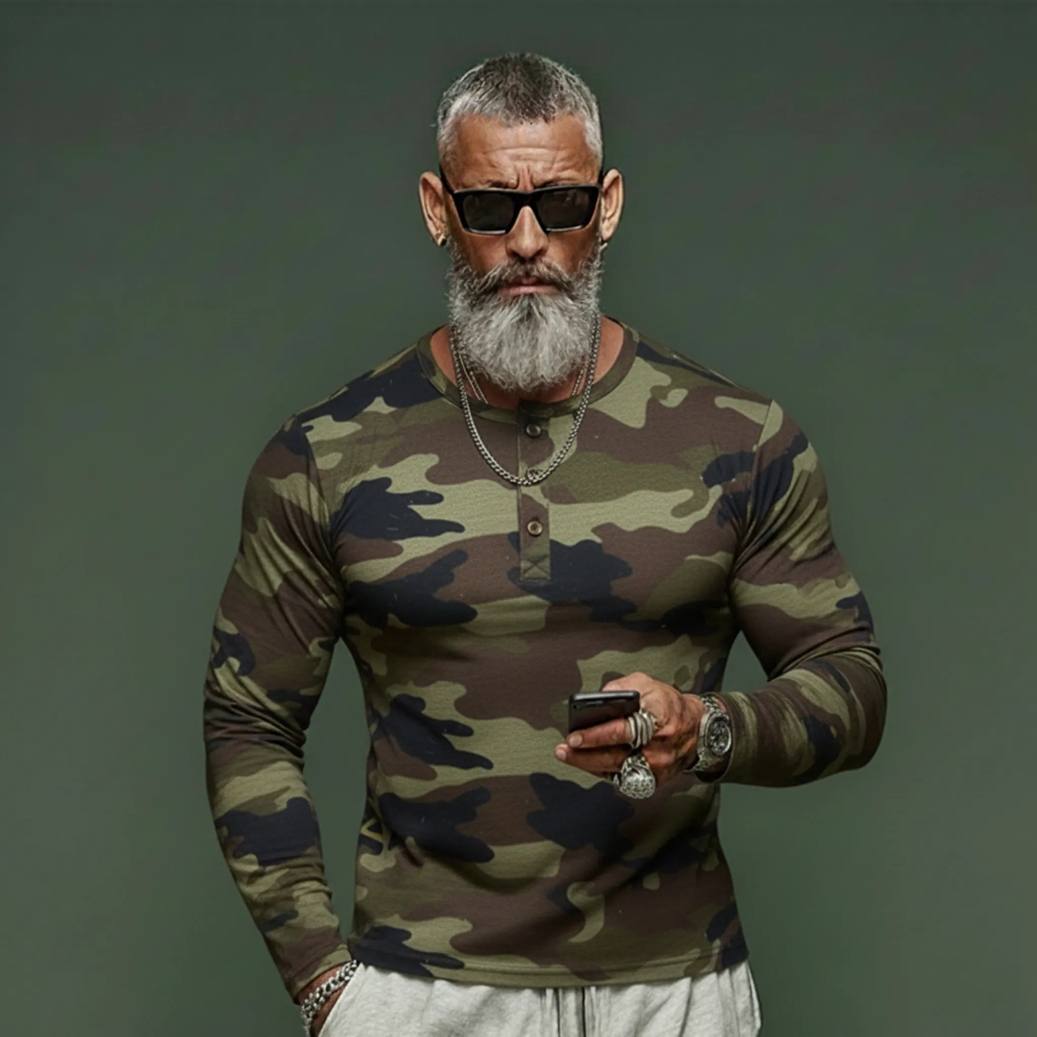 Men's Classic Casual Tough-guy Style Camouflage Cotton Blend Henley Neck Long-sleeved T-shirt MTA2636L1K sold by Manly product image thumbnail 2